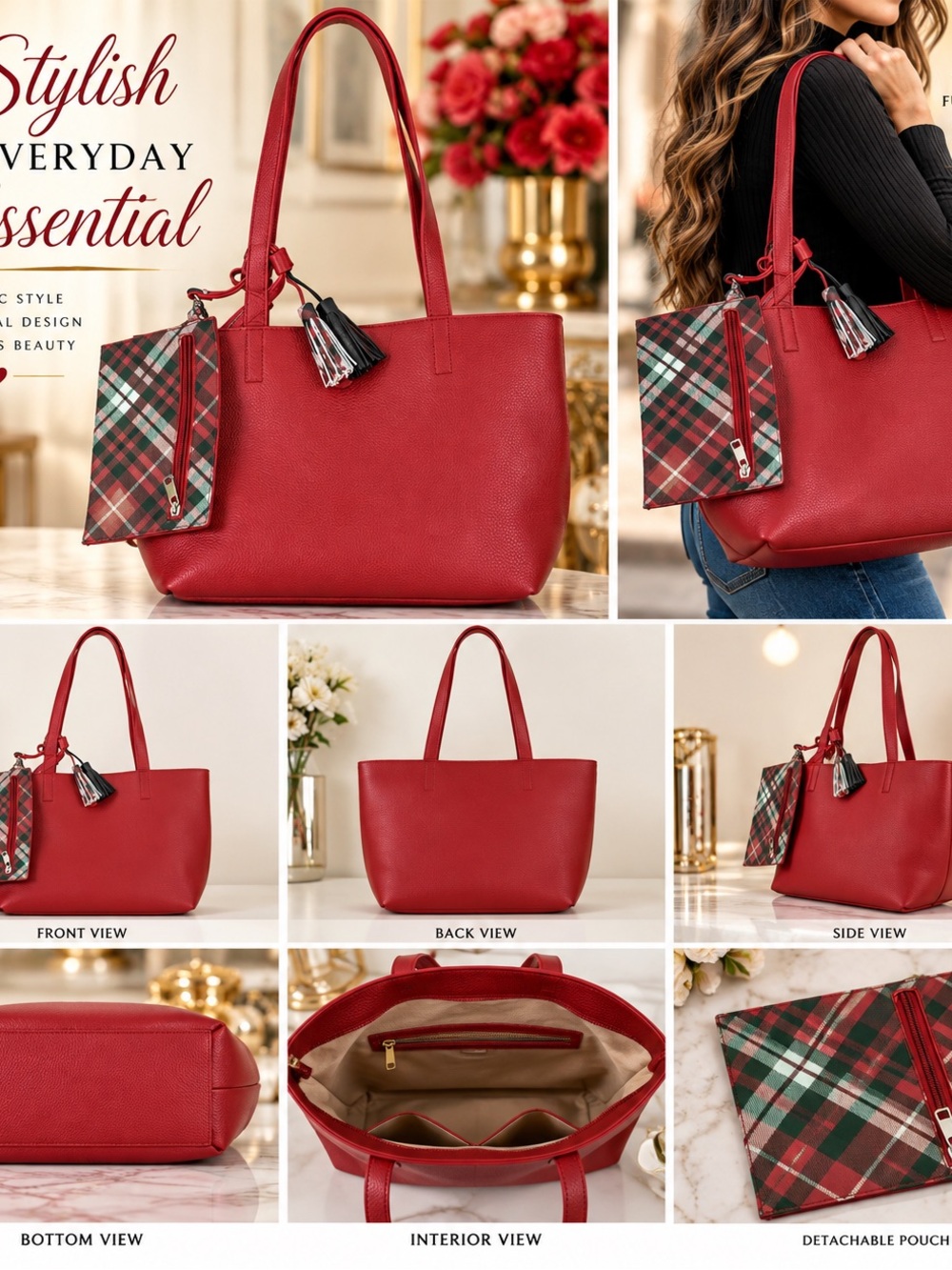 Red Tote Bag with Detachable Plaid Pouch - Women